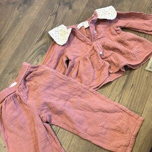 Zara Pink Button-Up Top and Pants Set with Lace Detail